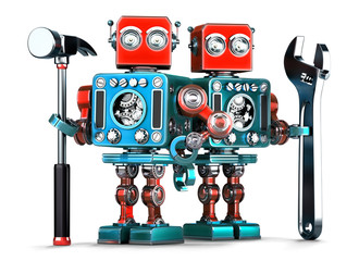 Poster - Robot workers with tools. Isolated. Contains clipping path