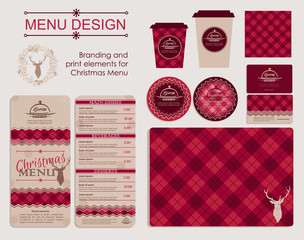 Branding and print elements for Christmas menu. Template for branding identity restaurant or cafe. Set of menu, business cards, labels. Bright design concept in red.