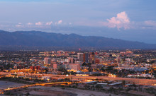 Tucson Skyline Showing The Downtown Of Tucson After Sunset From Sentinel Peak Park, Tucson Arizona, USA
