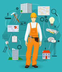 Poster - Builder man worker concept with flat icons. Construction and building professions.