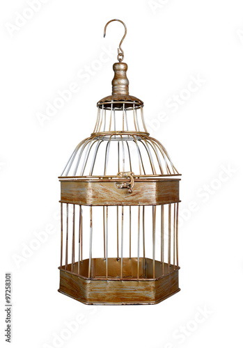 Fényképezés vintage bird cage isolated on white background