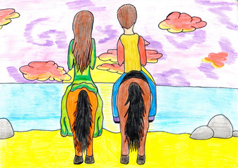 Girl and boy loving couple riding horseback. Kid's multicolored