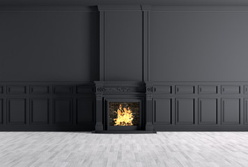 Empty classic interior of a room with fireplace over black wall