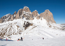 Skiing Area In The Dolomites Alps. Overlooking The Sella Group  In Val Gardena. Italy