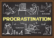 Doodles about procrastination on chalkboard.