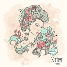 Zodiac. Vector Illustration Of Pisces As Girl With Flowers. 