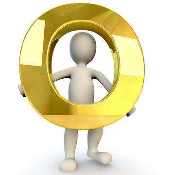 3D Human character holding golden alphabet letter O