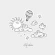 Cute doodle set of sky elements: sun, clouds, stars, bird and air balloon. Hand drawn  vector illustration.