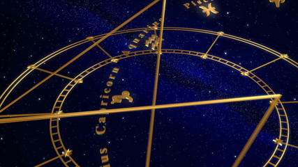Wall Mural - armillary sphere and zodiac signs. blue background.