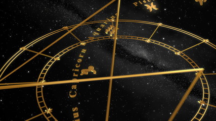 armillary sphere and zodiac signs. black background.