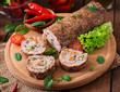 Minced meat loaf roll with mushrooms and carrots