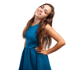 pretty young girl wearing a blue dress isolated on a white backg