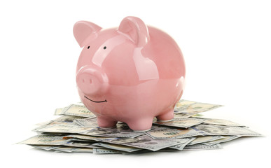 Wall Mural - Pig moneybox and dollar banknotes isolated on white