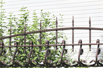 Elegant forged fence front of a wall of the house and garden