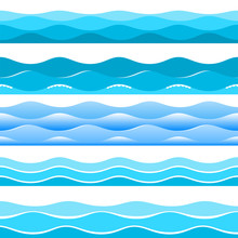Blue Silhouettes Of Waves. Set Of Different Stylized Silhouettes Of Sea Blue Waves. 