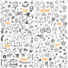 mega doodle design elements vector set: travel, childhood, sport, school, birthday, arrows, food.