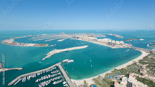 Fototapeta na wymiar Jumeirah Palm Island dubai shot from the rooftop top of the princess tower in dubai marina, use