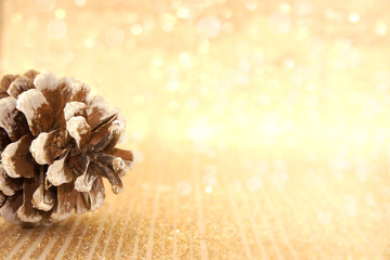 Wall Mural - Pinecone on golden shiny background with copy space for text. Ho