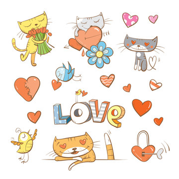 Vector set by Valentine's Day. Cartoon hearts, kittens, flowers and birdies.