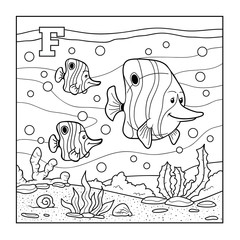 Wall Mural - Coloring book (fish), colorless alphabet for children: letter F