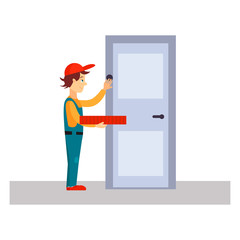 Poster - delivery man knocking at door, vector illustration