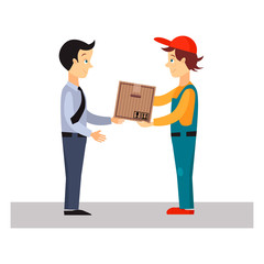 Wall Mural - Delivery Man Gives Package, Vector Illustration 