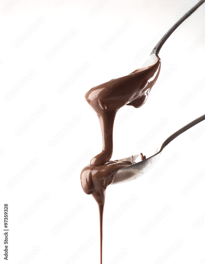 Melted milk chocolate pouring from spoons, isolated on white