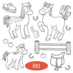 Set of cute farm animals and objects, vector family horse