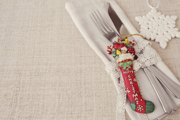 Wall Mural - Christmas table place setting, holidays copy space background, selective focus vintage tone