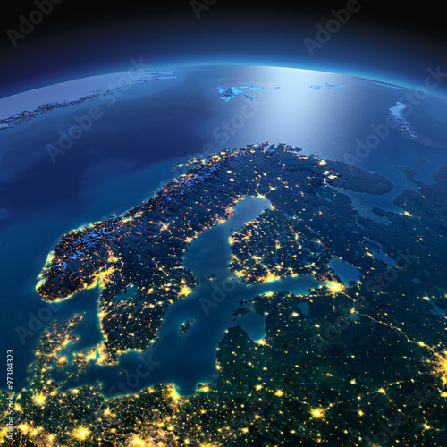 Cuadros en Lienzo Detailed Earth. Europe. Scandinavia on a moonlit night