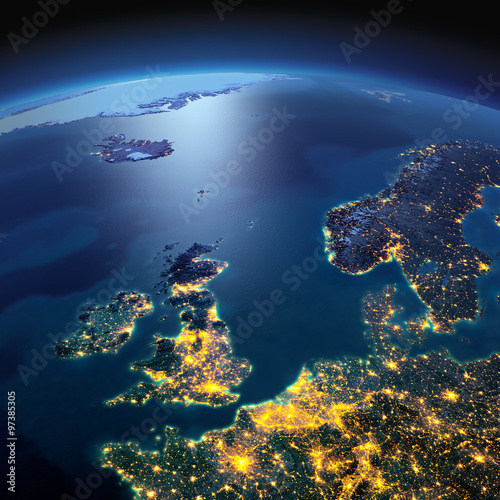 Detailed Earth. United Kingdom and the North Sea on a moonlit ni
