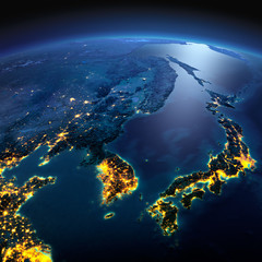 Wall Mural - Detailed Earth. Korea and Japan on a moonlit night