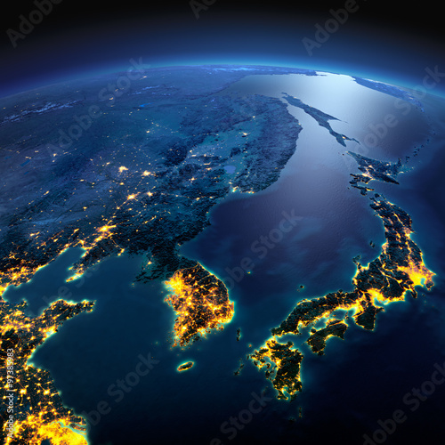 Fotografía Detailed Earth. Korea and Japan on a moonlit night
