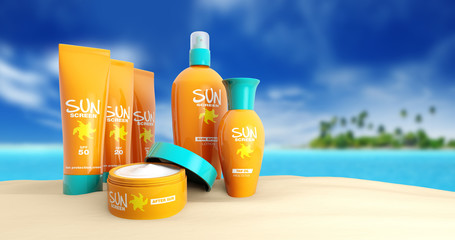 set of sunscreen in a tropical beach