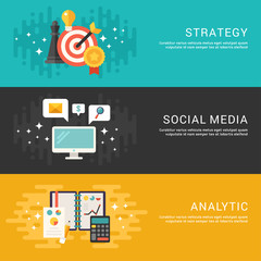Wall Mural - Flat Design Concept. Set of Vector Illustrations for Web Banners. Strategy, Social Media, Analytics