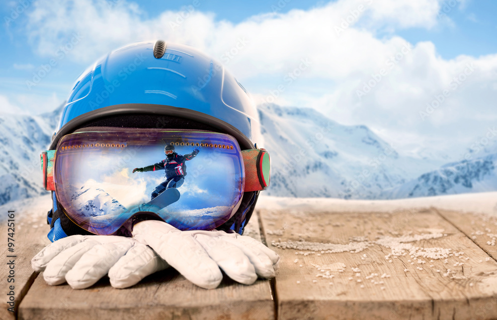 Colorful ski glasses and winter gloves,winter sport concept - obrazy, fototapety, plakaty 