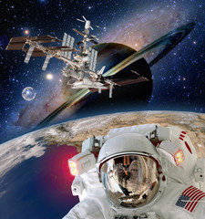 Wall Mural - astronaut helmet spaceman extraterrestrial saturn planet sci fi space travel station. elements of th