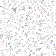 Wall Mural - Seamless pattern with formulas,graphs, and equipment as the subject of physics with colored markers on white background