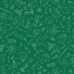 Wall Mural - Seamless pattern with formulas,graphs, and equipment n a topic of physics of white on a green background