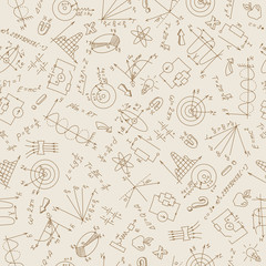 Wall Mural - Seamless pattern with formulas,graphs, and equipment as the subject of physics in sepia