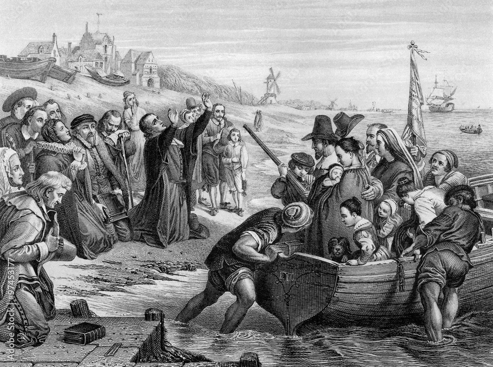 An engraved illustration of the Pilgrim Fathers leaving England, from a Victorian book dated 1886 that is no longer in copyrigh - obrazy, fototapety, plakaty 