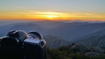 Beautiful mountain landscape and camera