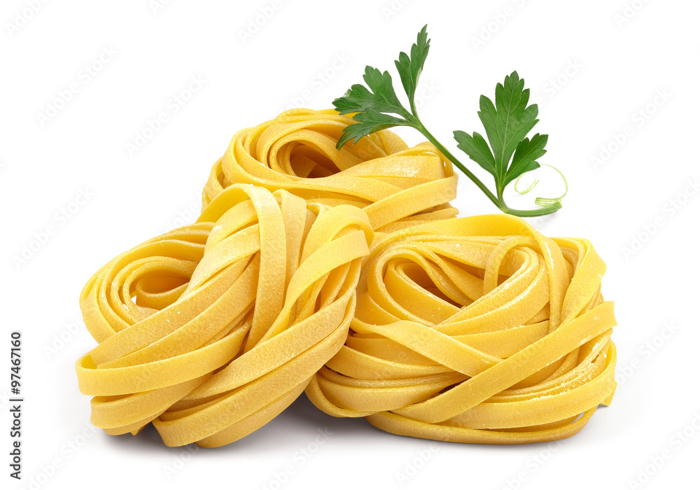 Italian rolled fresh fettuccine pasta with flour and parsley isolated on white background.  - obrazy, fototapety, plakaty 
