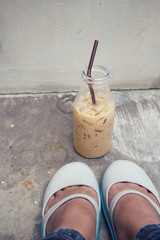 Canvas Print - Selfie of shoes with iced coffee