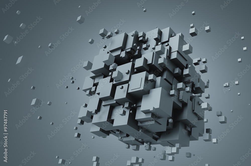 Abstract 3D Rendering of Chaotic Cubes. - obrazy, fototapety, plakaty 