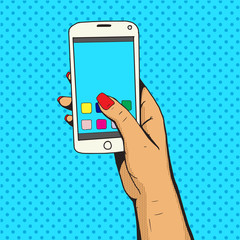 Female hand with phone pop art vector