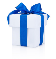 Wall Mural - White gift box tied blue ribbon Isolated on white background