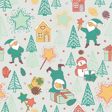 Seamless Pattern With Festive Elves And Christmas Trees.