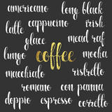 Set names of species coffee in calligraphy handmade, design menu.