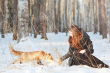 Girl And Fox Winter Portrait